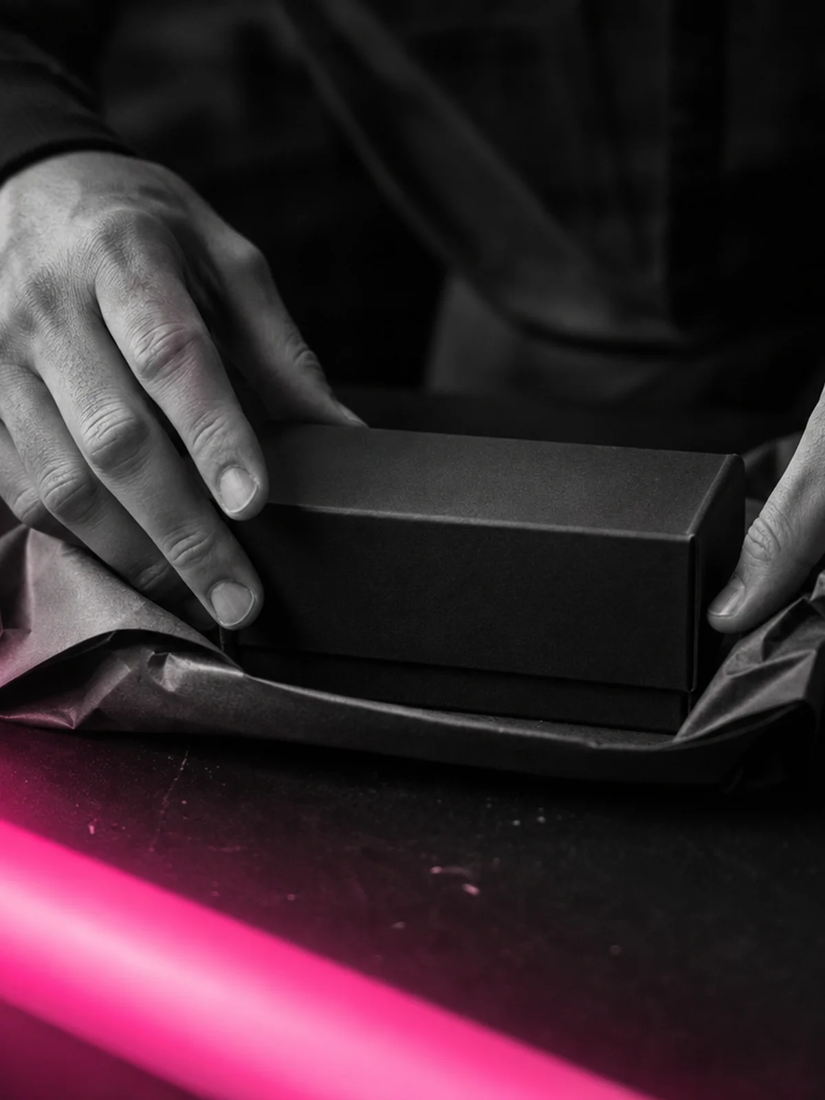 Ασπρόμαυρη συσκευασία προϊόντος με φούξια neon φως